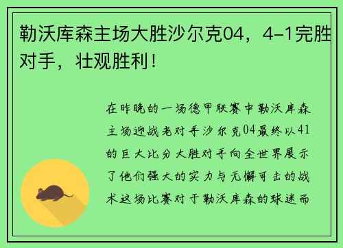 勒沃库森主场大胜沙尔克04，4-1完胜对手，壮观胜利！